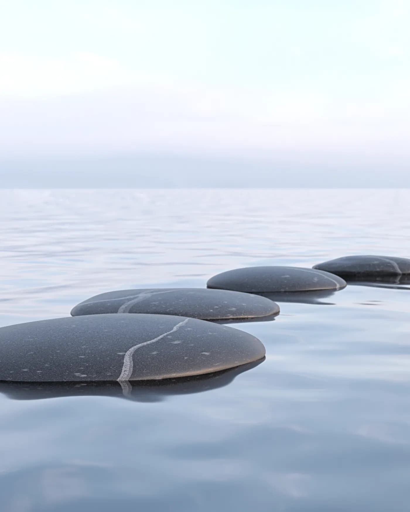 Stepping stones crossing still, open water